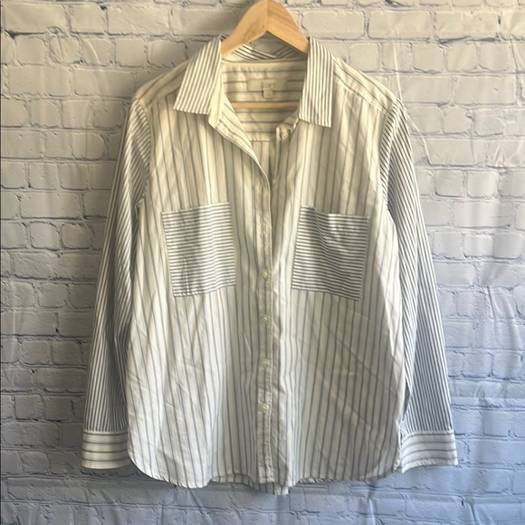 LOFT white and blue‎ Striped Button-Up Shirt woman’s size large - Picture 1 of 3
